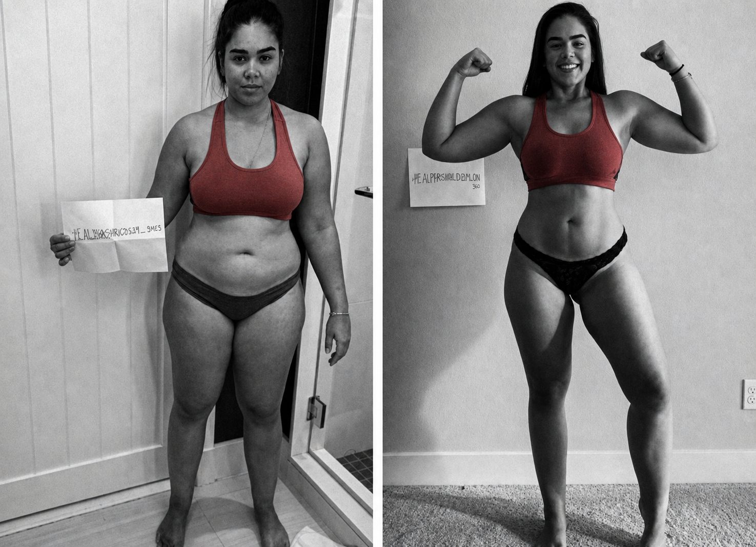 Day 1 and Day 30 comparison shared on AlphaShred’s results page: a challenger in a red sports bra.