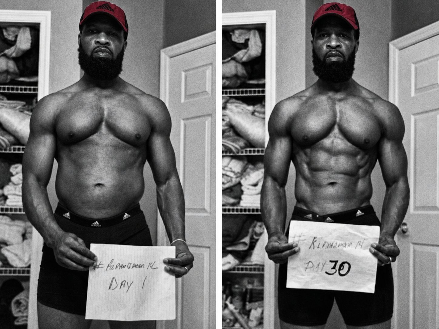 Day 1 and Day 30 comparison shared on AlphaShred’s results page: a challenger in a red cap.